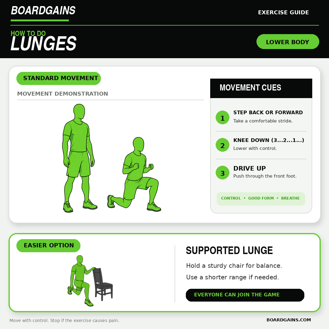 Person demonstrating a lunge and a supported chair variation.
