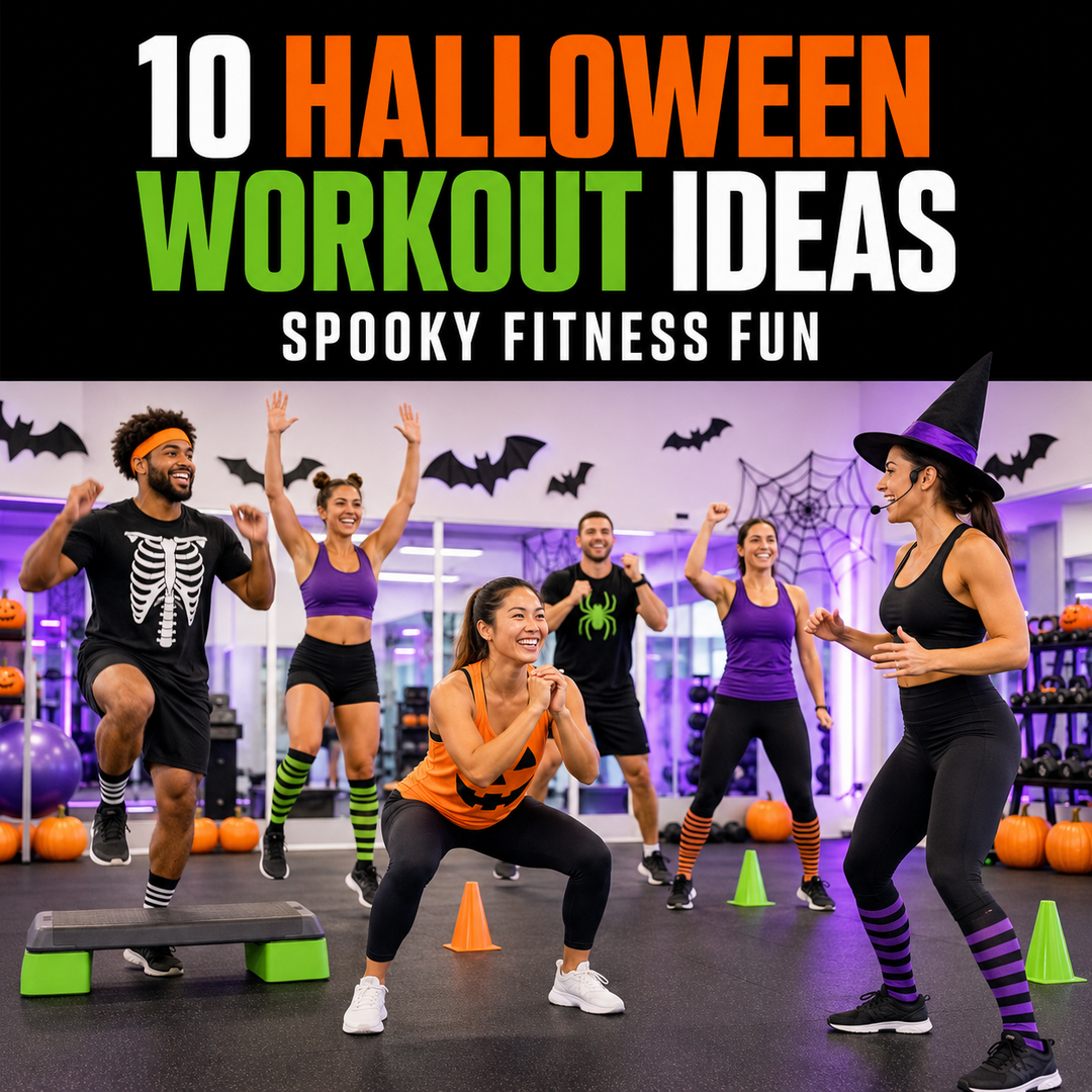 Adults participating in a Halloween-themed group fitness class
