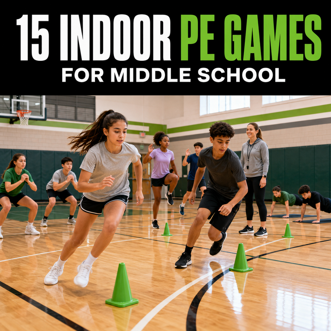 Middle school students playing indoor PE fitness games in a gym