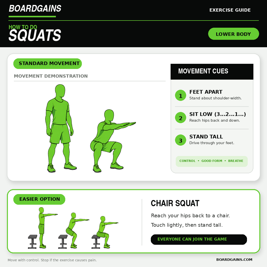 Person demonstrating squats and a chair squat variation.
