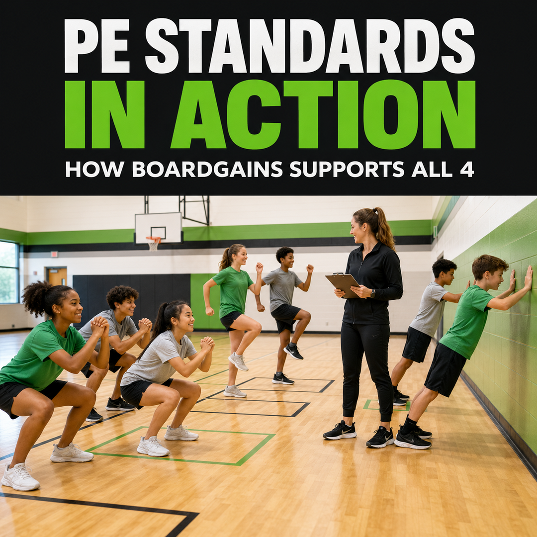 PE teacher assessing students completing bodyweight exercises during a standards-based BoardGains lesson