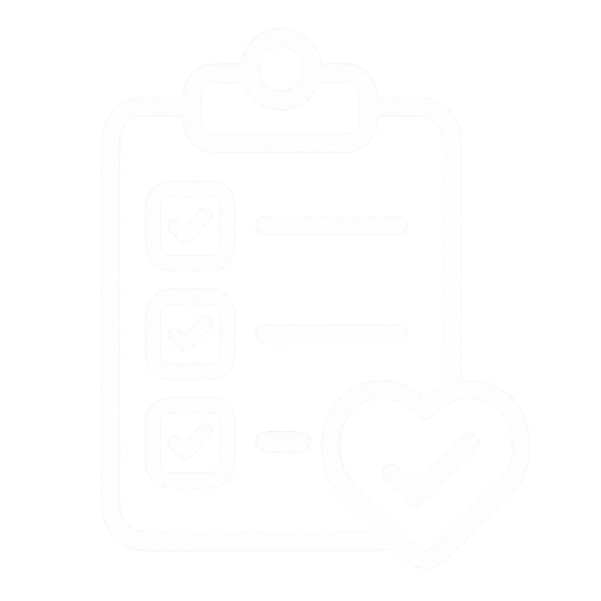 A minimalist white line icon depicting a medical clipboard with three checked boxes and a heart monitor, set against a solid white background.