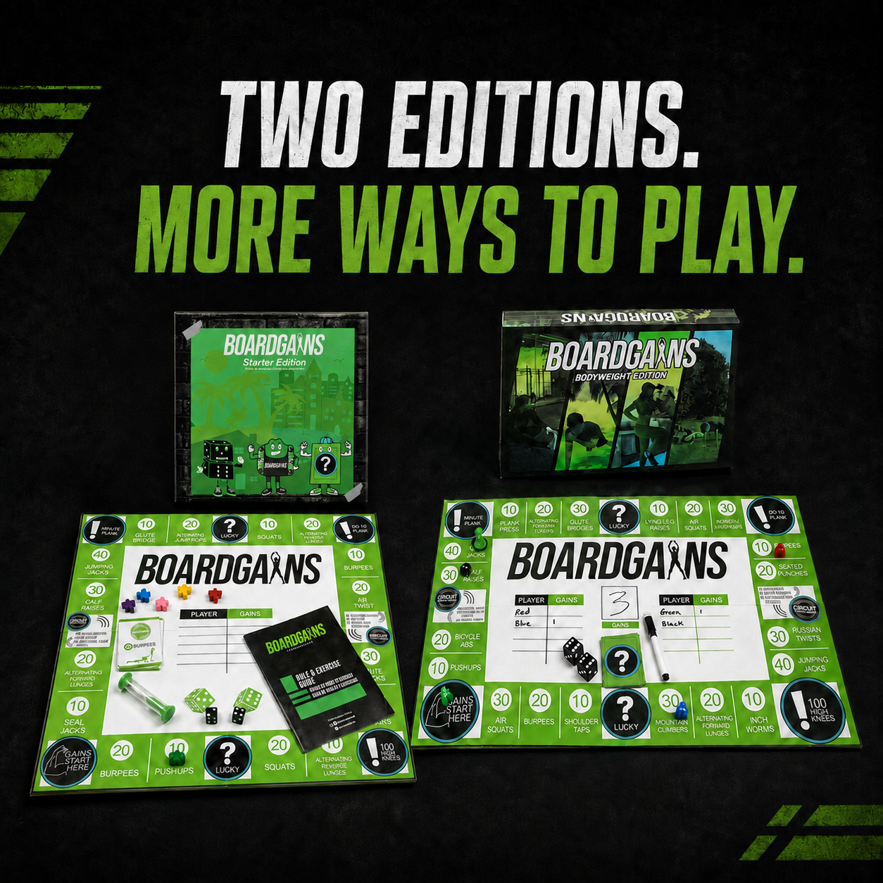 Two editions of the bOARDGAINS FITNESS board game shown on a dark promotional background with large text reading 'TWO EDITIONS. MORE WAYS TO PLAY.