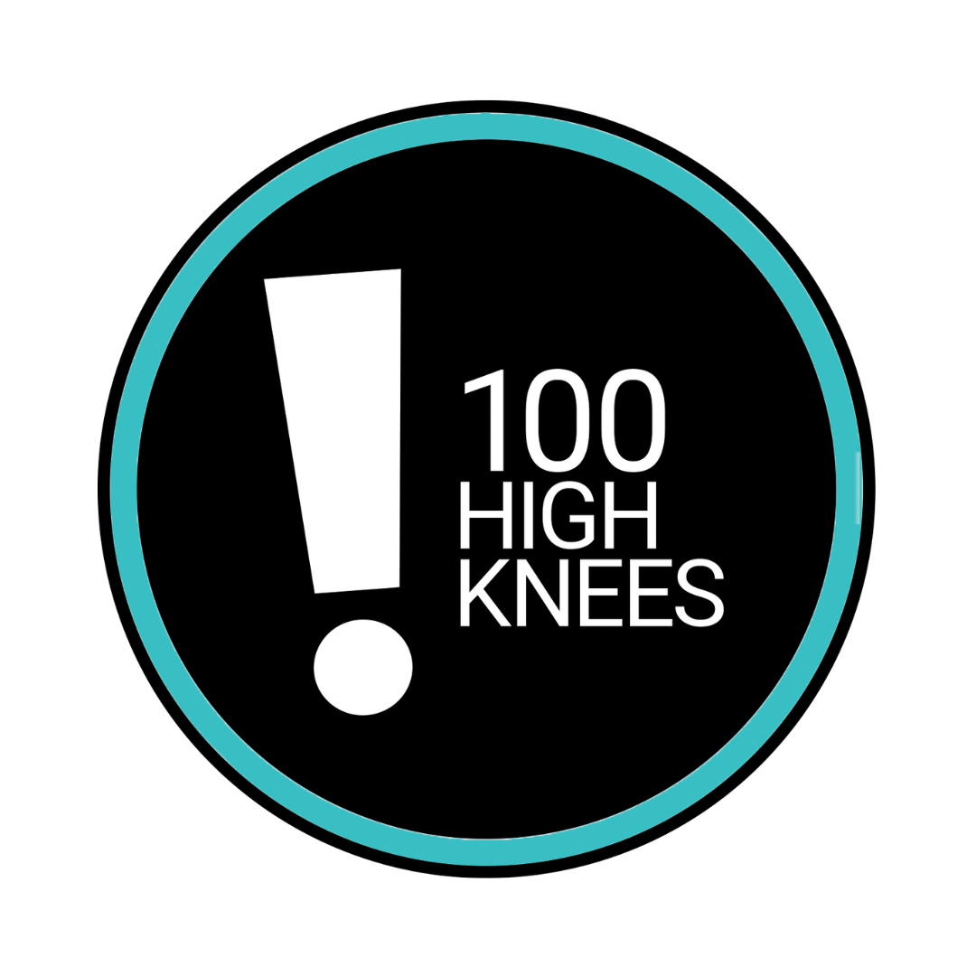 A circular graphic with a black center, a bright teal ring, and white text reading “100 HIGH KNEES,” plus a large white exclamation mark on a black background.