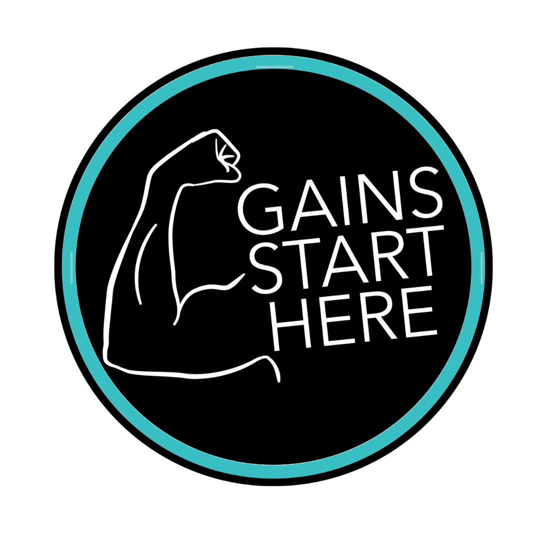 A circular black sticker or decal featuring a white line-art flexed bicep arm and the words 'GAINS START HERE' in white, surrounded by a bright teal ring on a white background.