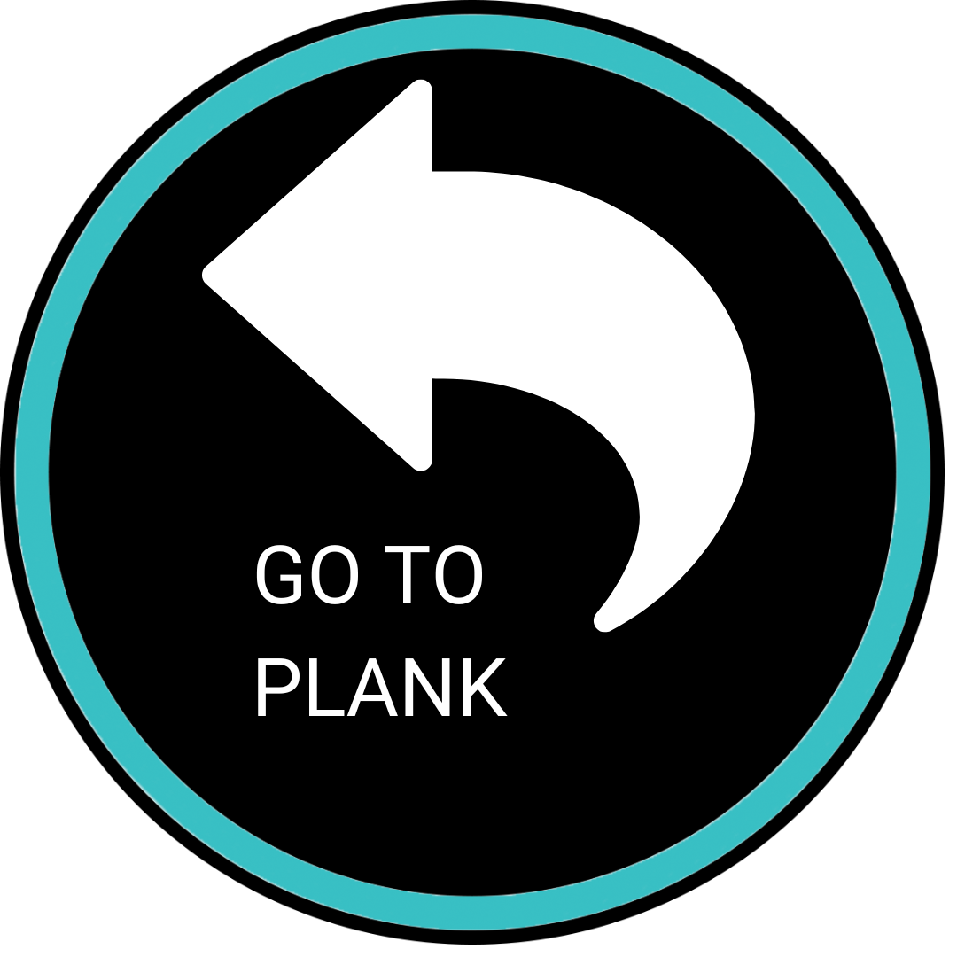 A circular black sign with a teal border, a large white curved arrow pointing left, and the text 'GO TO PLANK' in white on a black background.