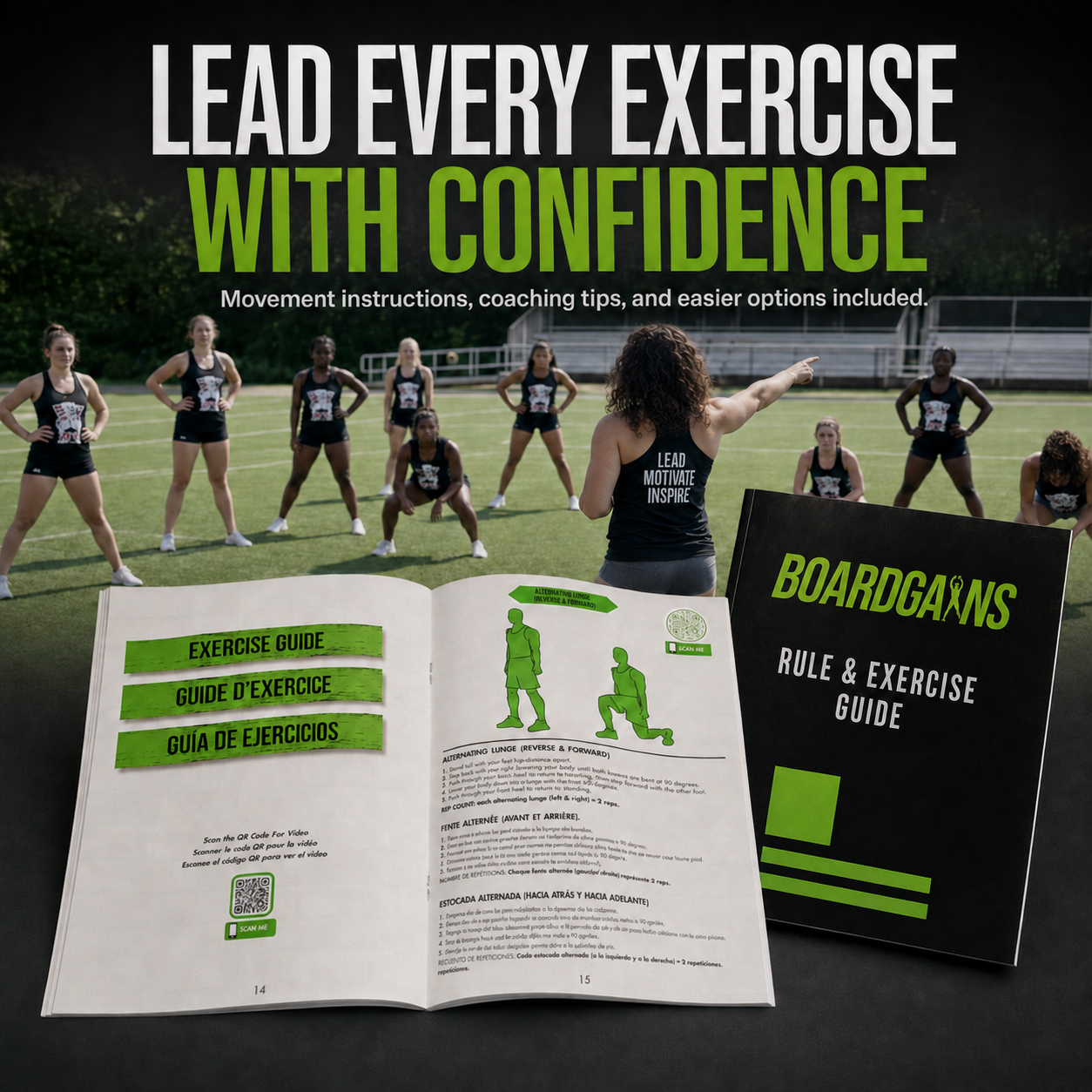 Promotional graphic for a fitness guide titled 'LEAD EVERY EXERCISE WITH CONFIDENCE' showing an outdoor group exercise scene, an open exercise guide with green panels and printed instructions, and a black cover labeled 'BOARDGAINS RULE & EXERCISE GUIDE'.