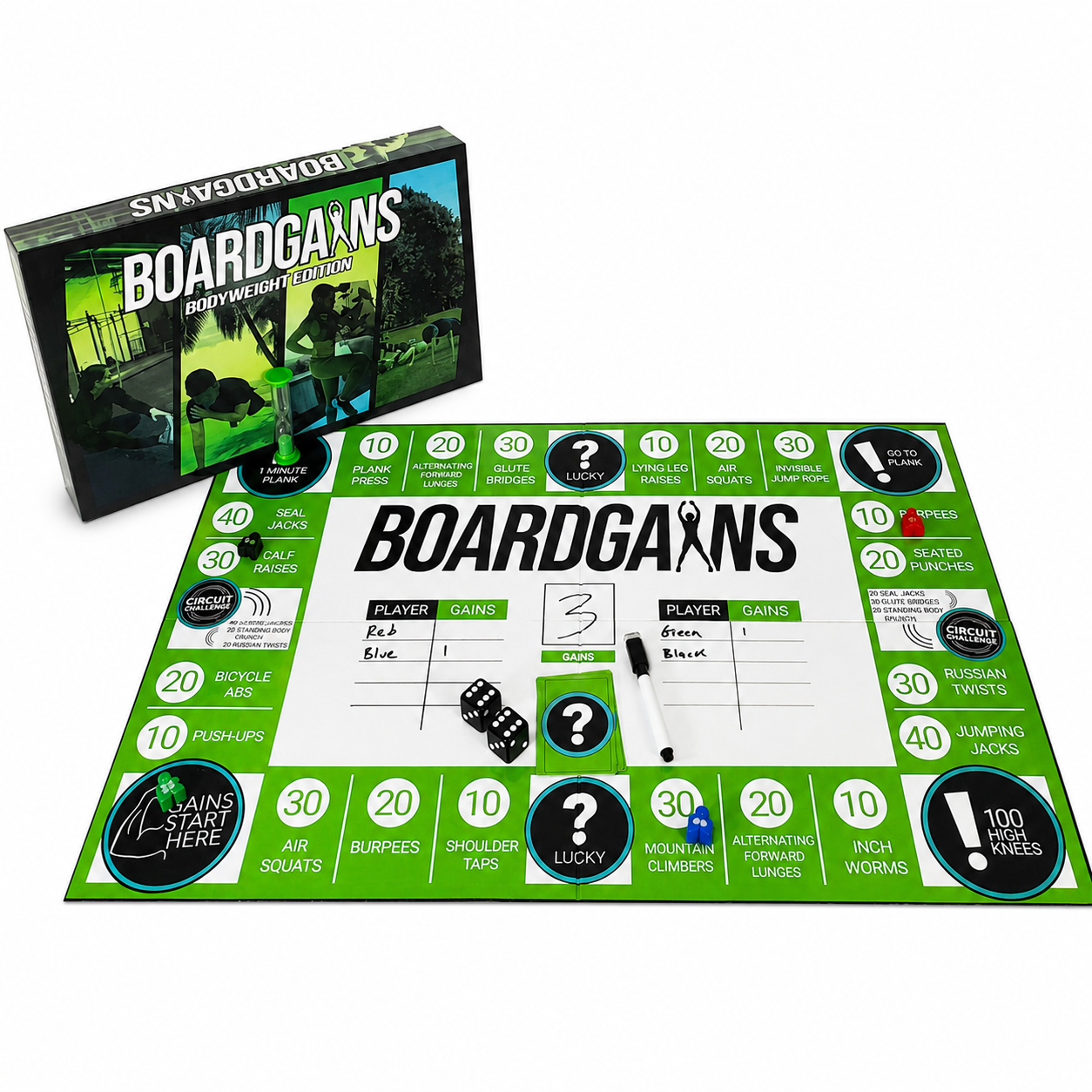 Boardgains Fitness board game set, showing the green and white game board, the retail box, and two black dice on a plain white background.