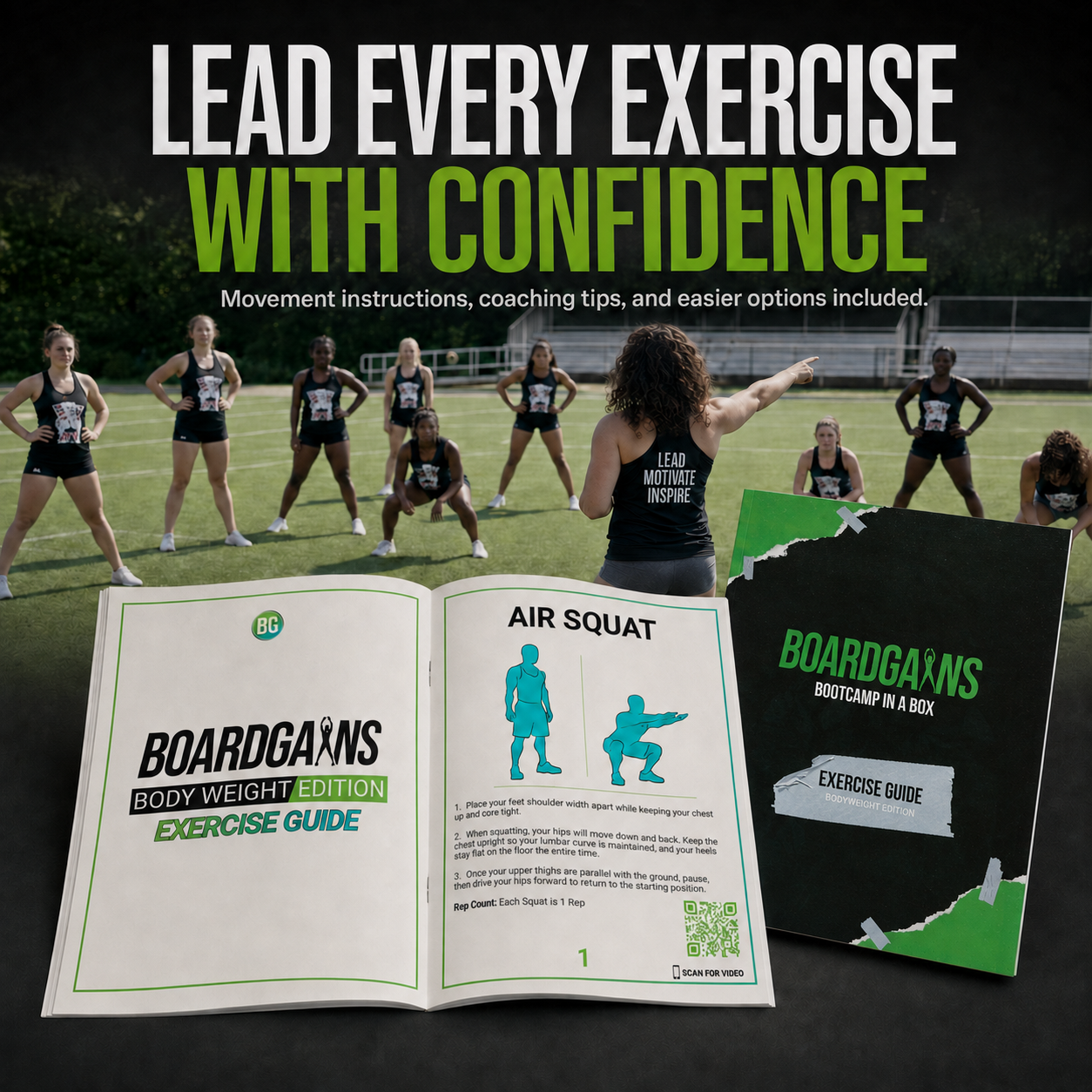 Promotional graphic for a Boardgains exercise guide, showing a group of women exercising outdoors in the background and two product covers in the foreground: an open 'Body Weight Edition Exercise Guide' and a closed 'Boardgains Bootcamp in a Box Exercise Guide'. Large headline text reads 'LEAD EVERY EXERCISE WITH CONFIDENCE'.