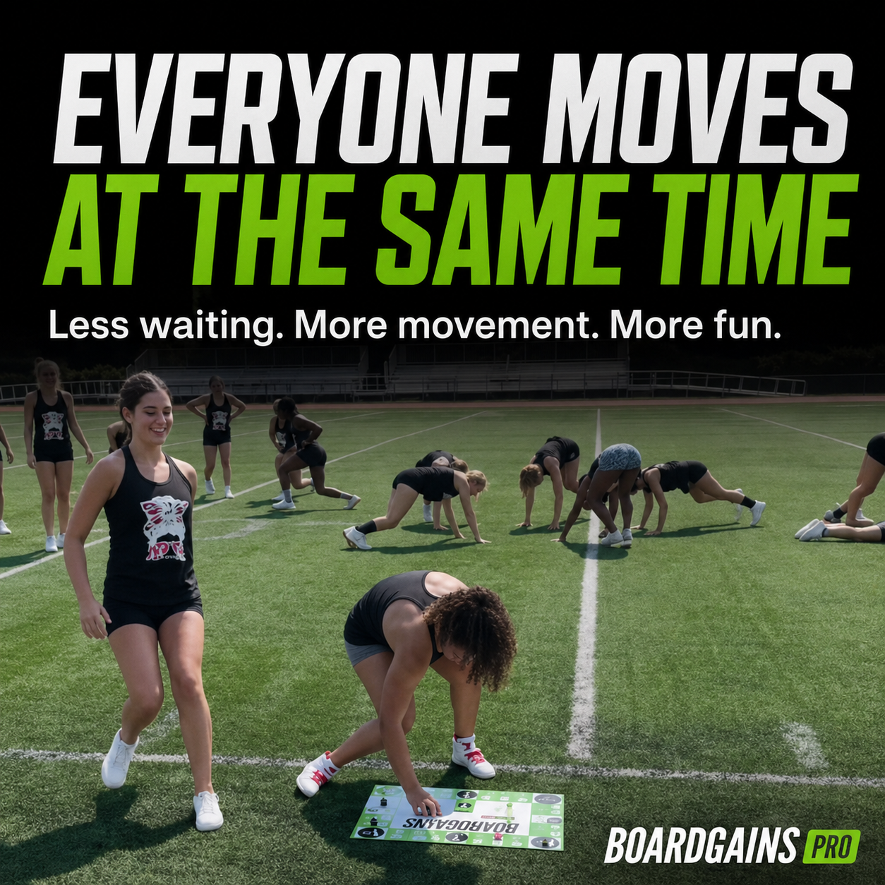 A fitness promotional graphic with large text reading 'EVERYONE MOVES AT THE SAME TIME' over a sports field scene. Several people are exercising outdoors, including one woman standing in the foreground and others doing push-ups or stretches on a green turf field.