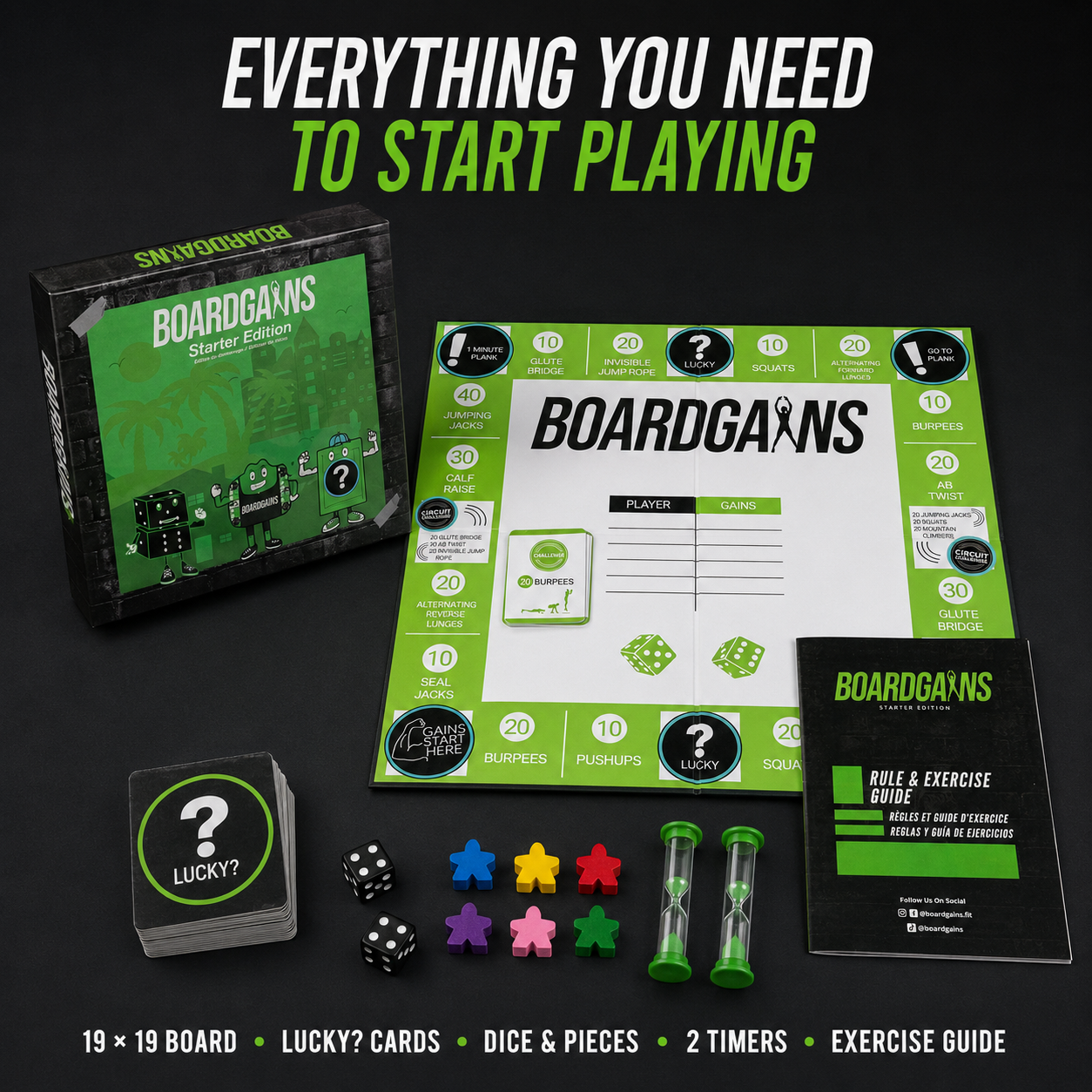 Boardgains Starter Edition game set displayed on a dark background, including the retail box, a green and white board, cards, dice, star-shaped pieces, two green 2-hour timers, and an exercise guide under the headline 'EVERYTHING YOU NEED TO START PLAYING'.