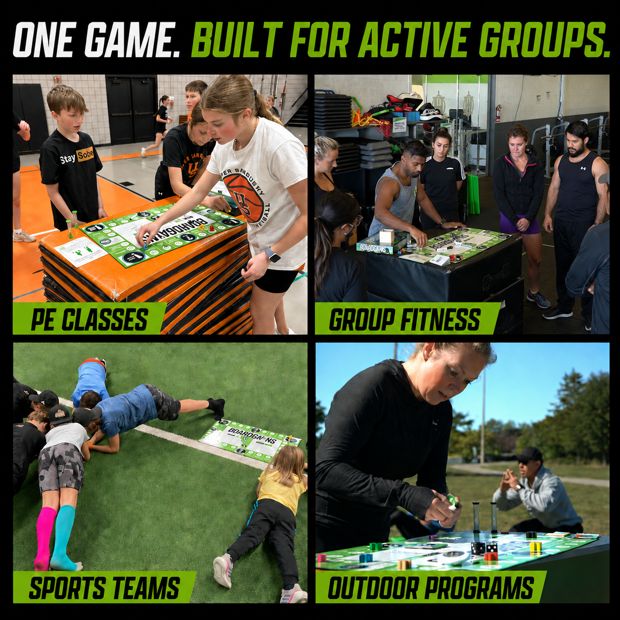 A four-panel promotional collage with the headline 'ONE GAME. BUILT FOR ACTIVE GROUPS.