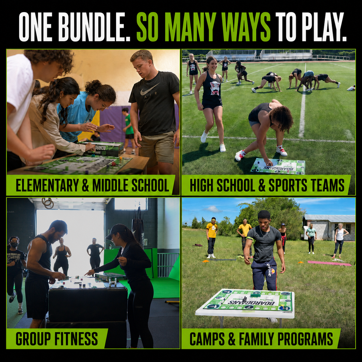 A promotional collage for a board game bundle, with the headline 'ONE BUNDLE. SO MANY WAYS TO PLAY.