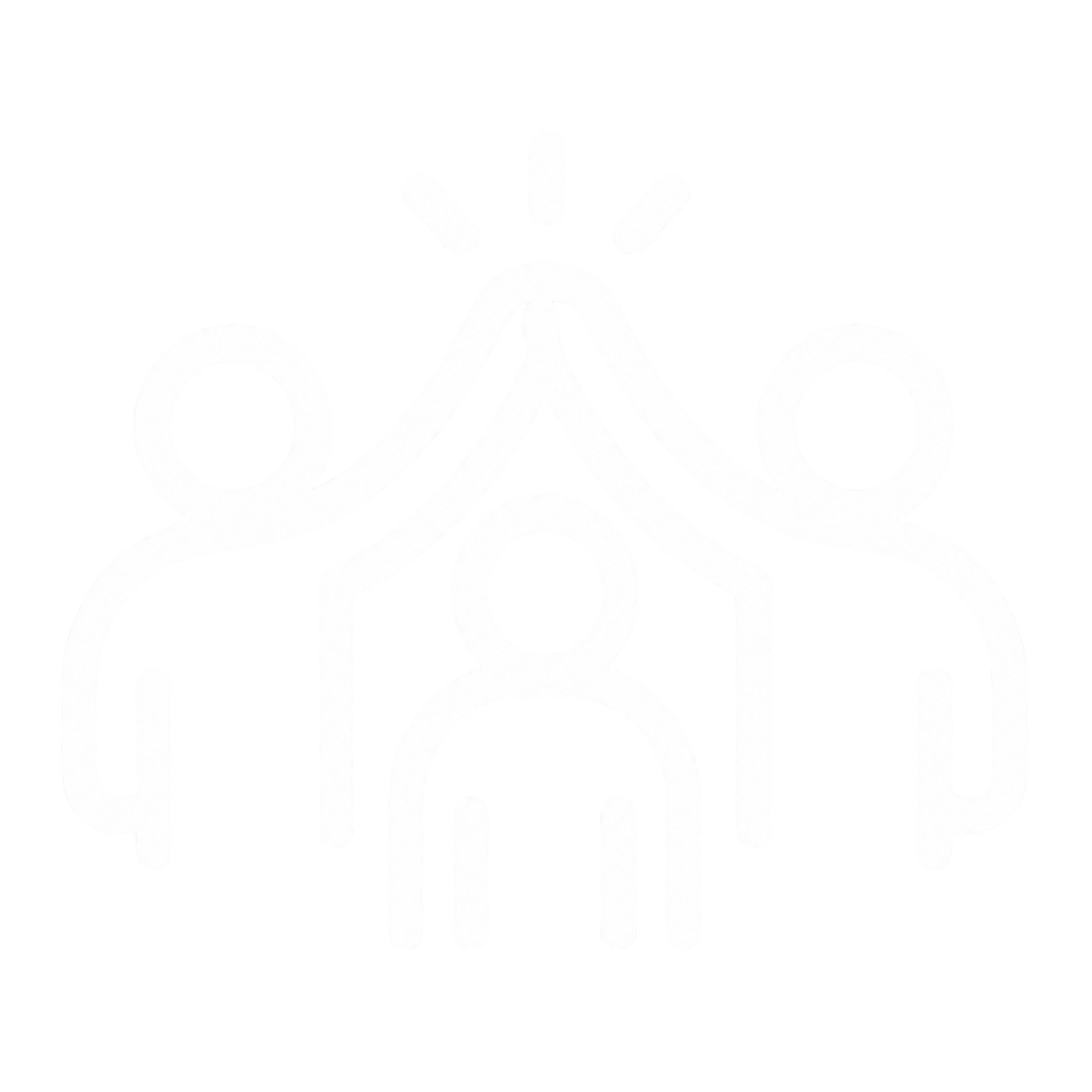 A minimalist white line art icon depicting two figures embracing or standing close together, surrounded by a circular frame with radiating lines, on a solid white background.