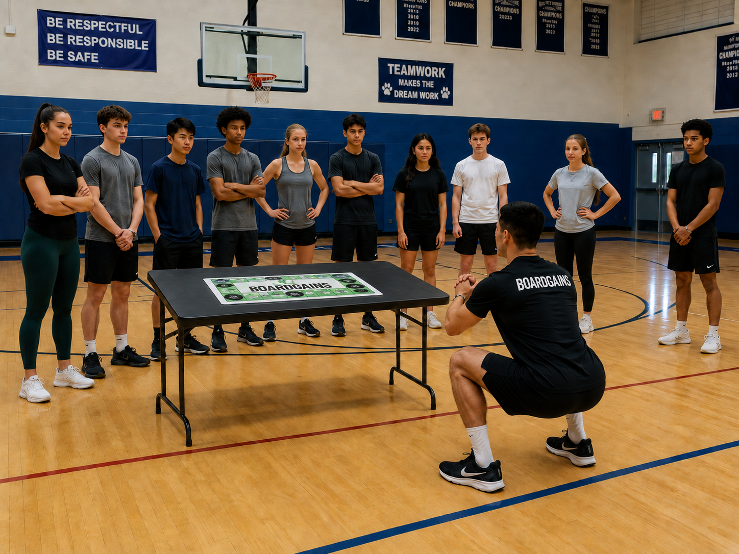 A group of young athletes in a gymnasium setting, with one person crouching in the foreground and others standing behind a table displaying a 'Boardgains' board game. The gym features wooden floors, blue walls, and athletic banners.