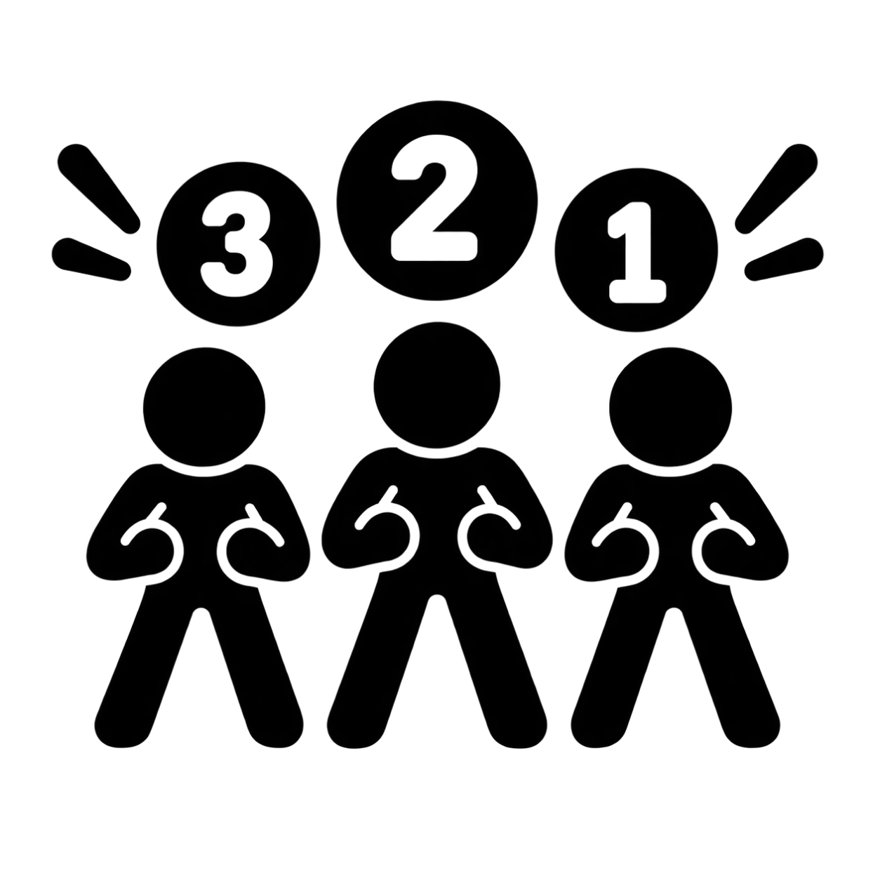 Black and white graphic icon depicting three stick figures facing forward with hands on their stomachs, with countdown numbers 3, 2, and 1 in circles above them.