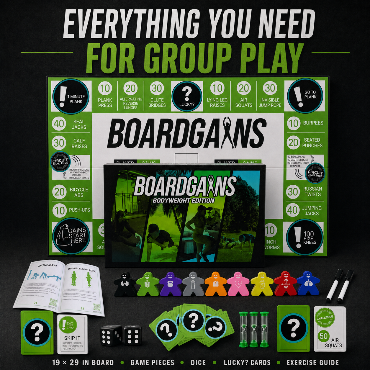 Boardgains 'Bodyweight Edition' group play set displayed on a black background, including a game board, monitor screen, player tokens, dice, cards, and instruction booklet.