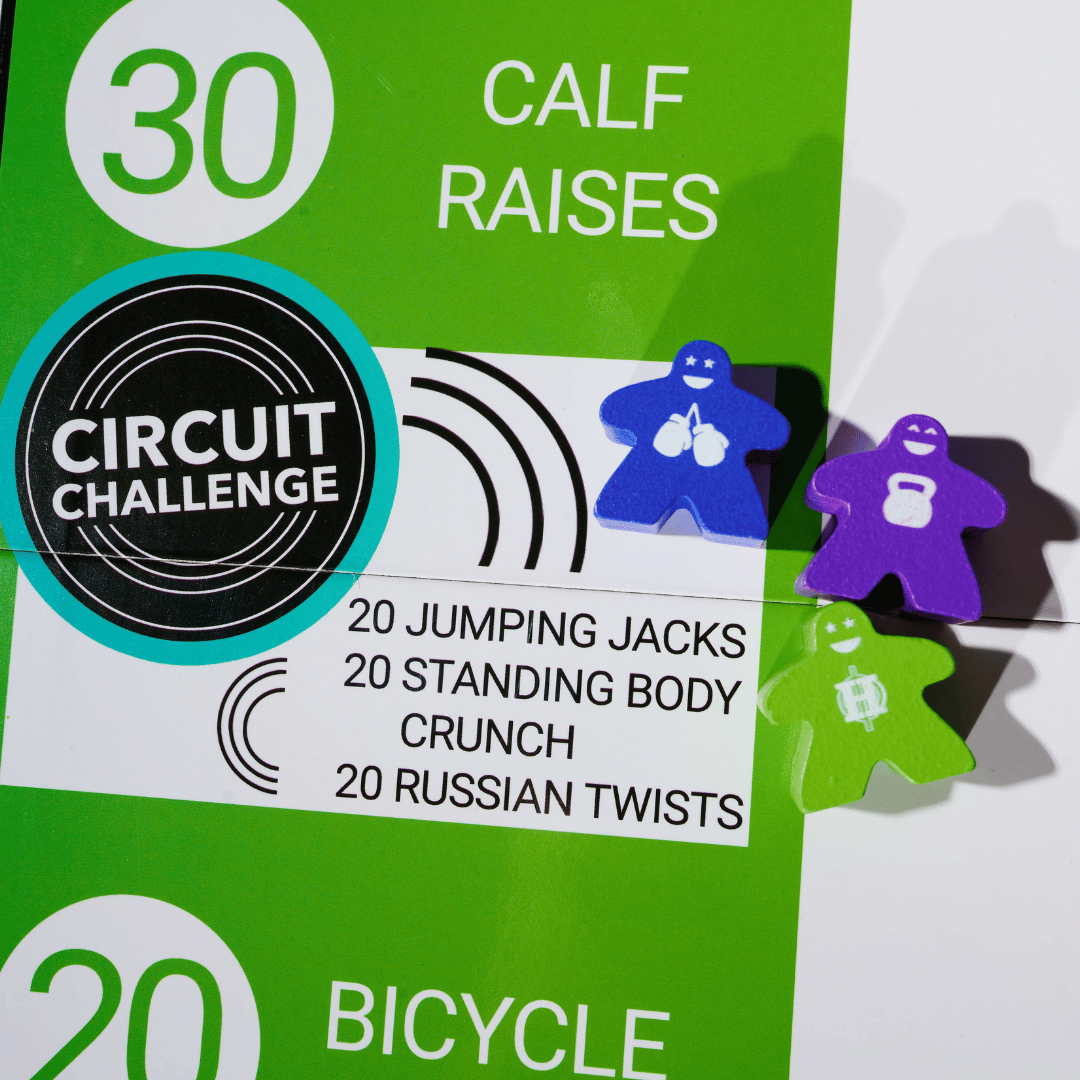 Boardgains Fitness game with bodyweight Exercises and 3 meeples of different colours