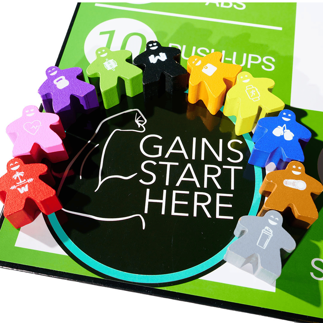 Boardgains Gym Game with 10 different coloured meeples