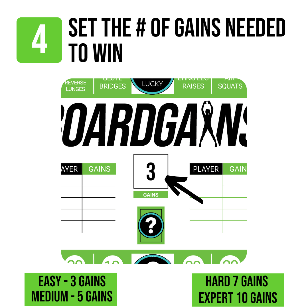 How to play Boardgains fitness game by setting the number of GAINS (Laps Around The Board) needed to win and writing that number on the middle of the board.