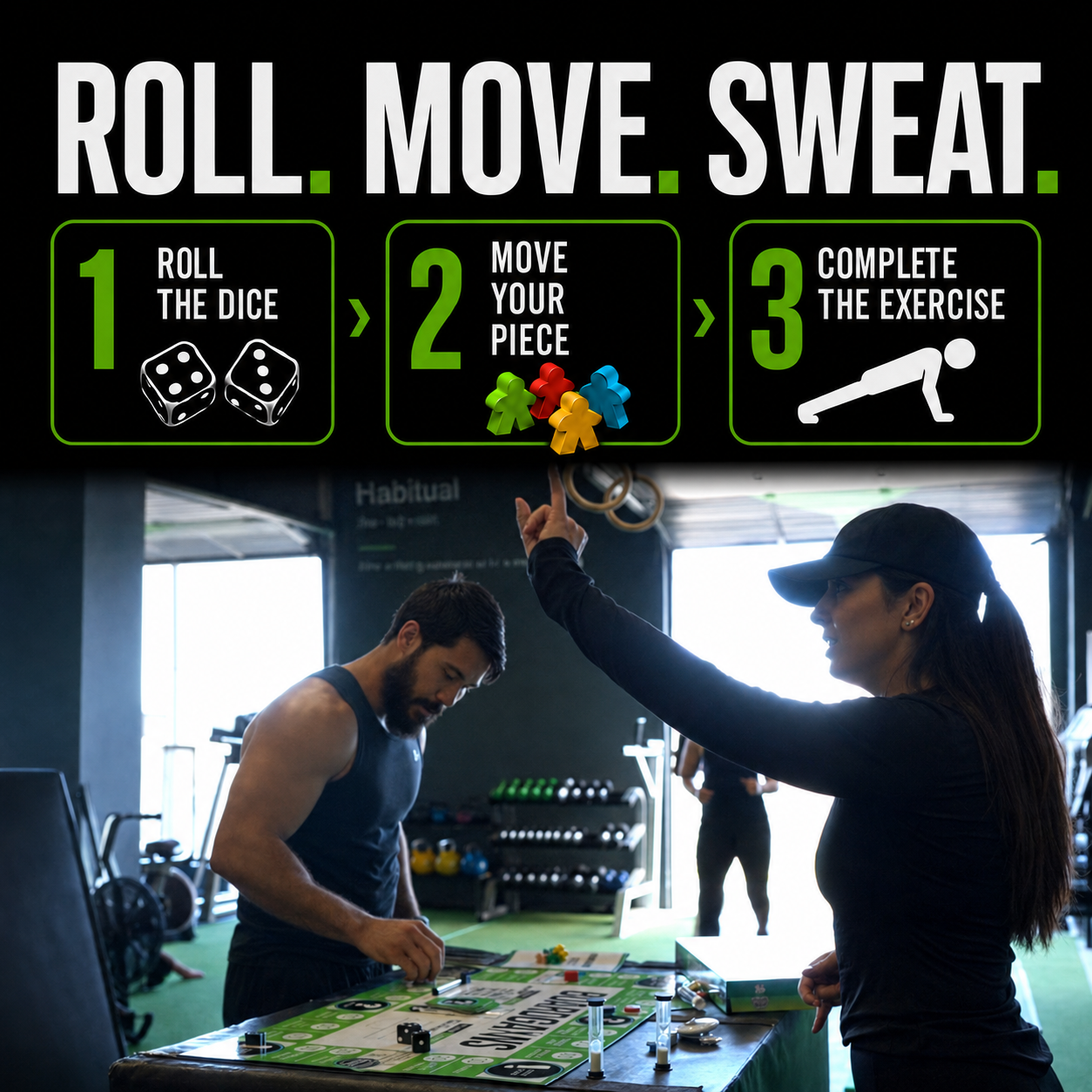 Promotional fitness graphic with the text 'ROLL. MOVE Sweat.
