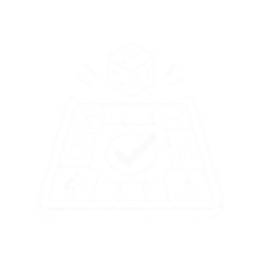 A white outline icon depicting a digital game board or strategy grid with a checkmark, representing a game board or digital asset.