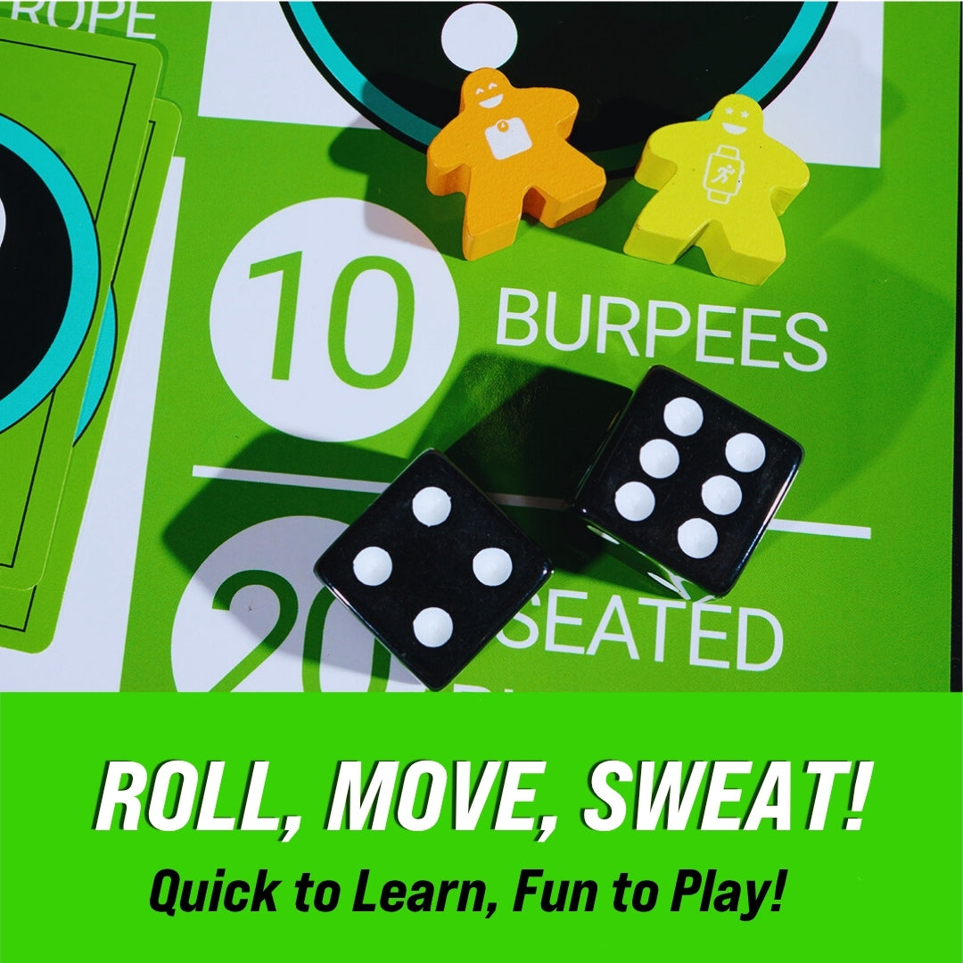 Close-up of dice, meeples, and burpee space on the BoardGains board, illustrating how the game works with each roll.