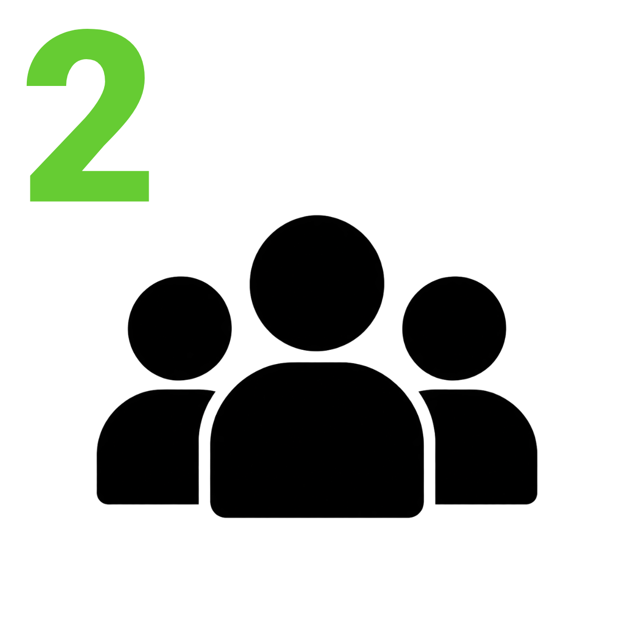A green number 2 icon positioned in the upper left corner above a black icon representing a group of three people, set against a solid white background.