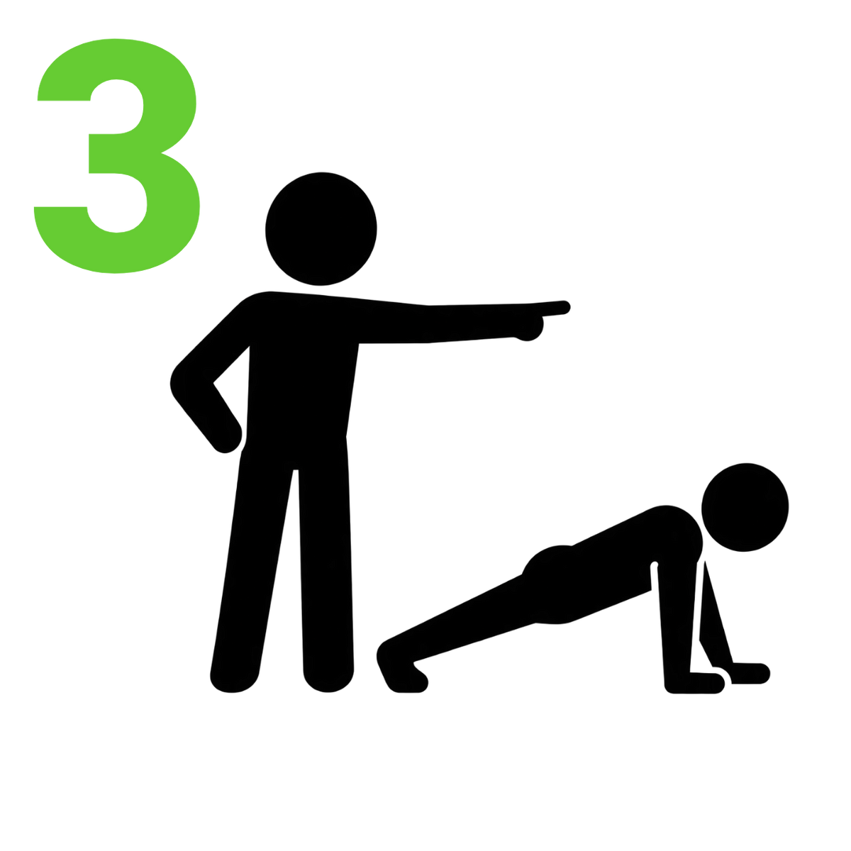 A black-and-white fitness icon showing a standing figure pointing toward a person in a plank position, with a green number 3 in the upper left on a white background.