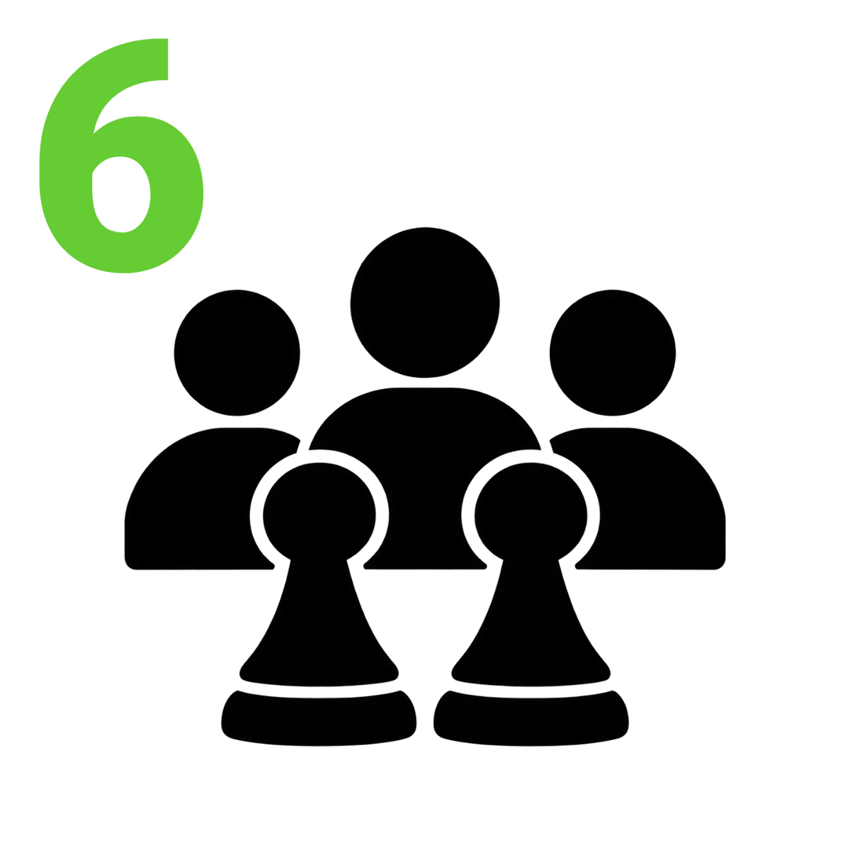 A digital icon featuring a green number six above a black silhouette graphic of a group of five people and two chess pawns, set against a solid white background.