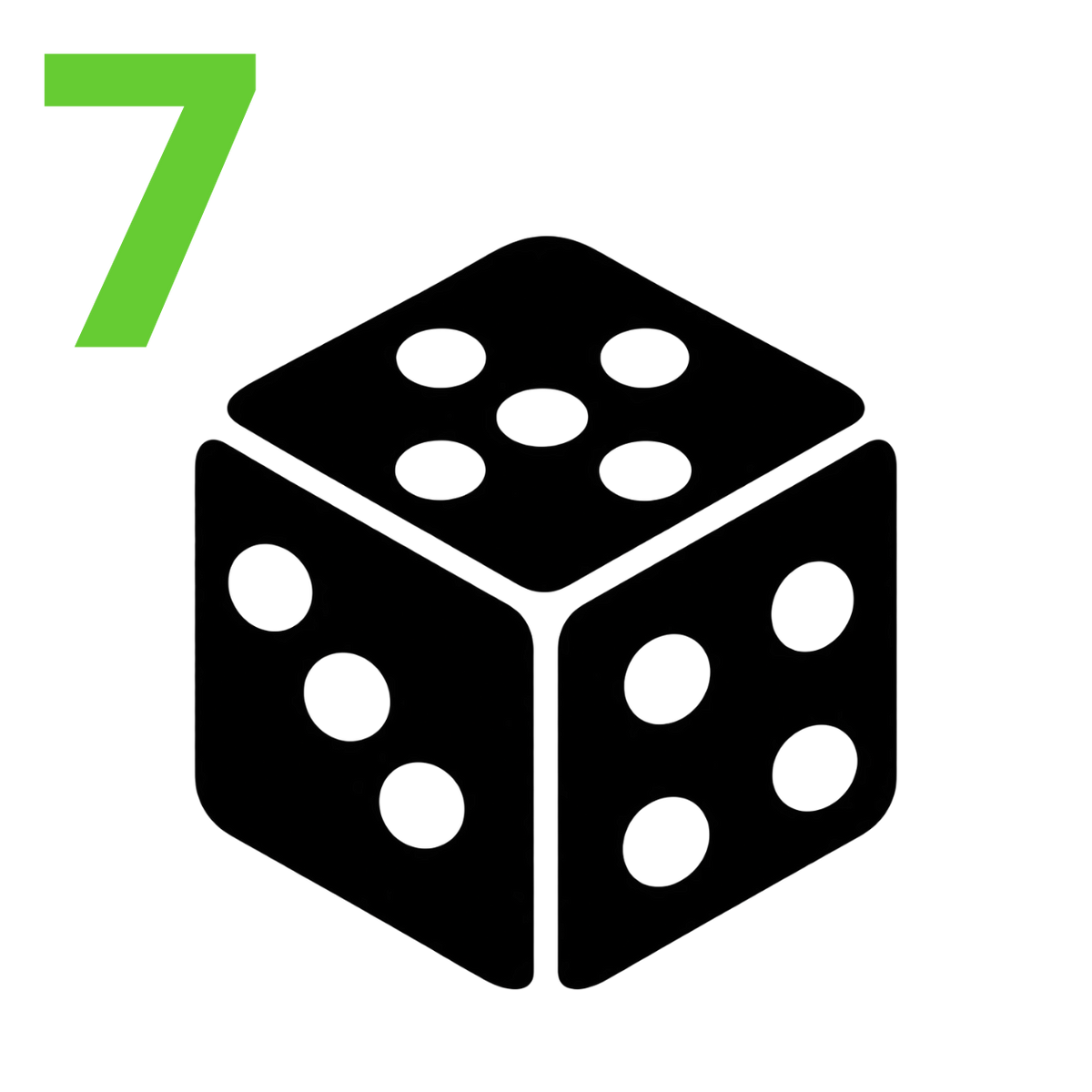 A black die icon showing a 7, with a green number 7 in the upper left on a white background.