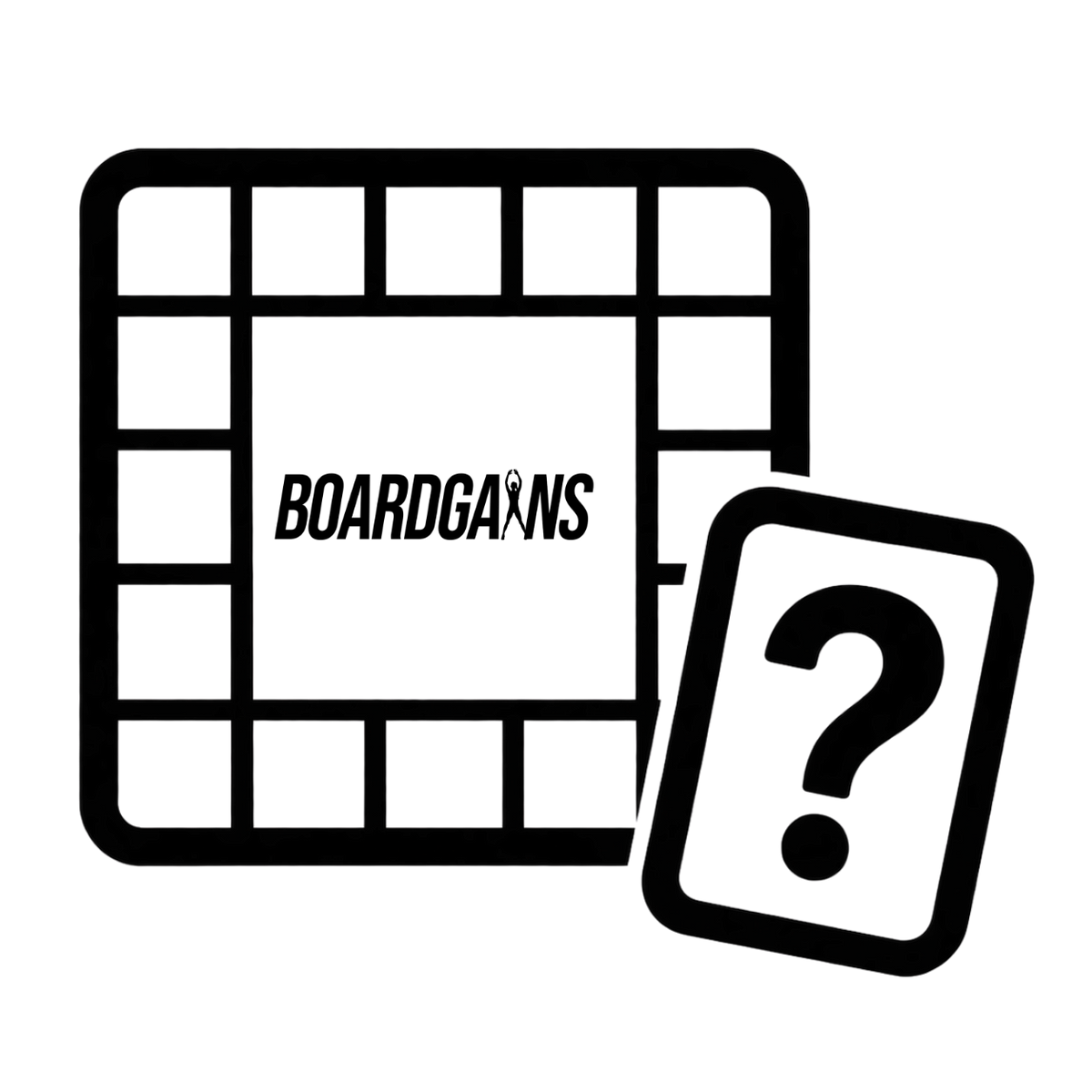 Black and white graphic icon featuring a board game grid with the text 'BOARDGAINS' and a tilted question mark card, representing a mystery board game box.