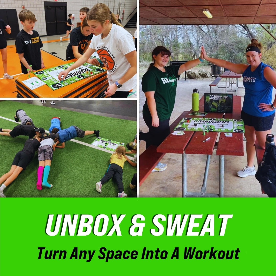 Various groups playing BoardGains at school, gym, and outdoors, showing how the game can turn any space into a workout zone.