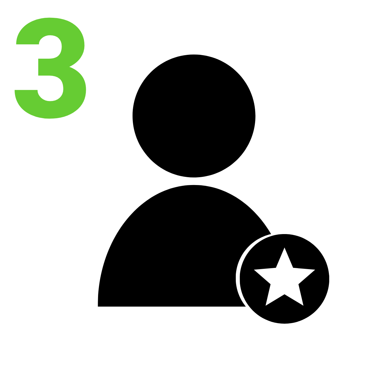 A digital icon featuring a black silhouette of a person with a white star inside a black circle on the lower right, alongside a bright green number '3' on the upper left, set against a solid white background.