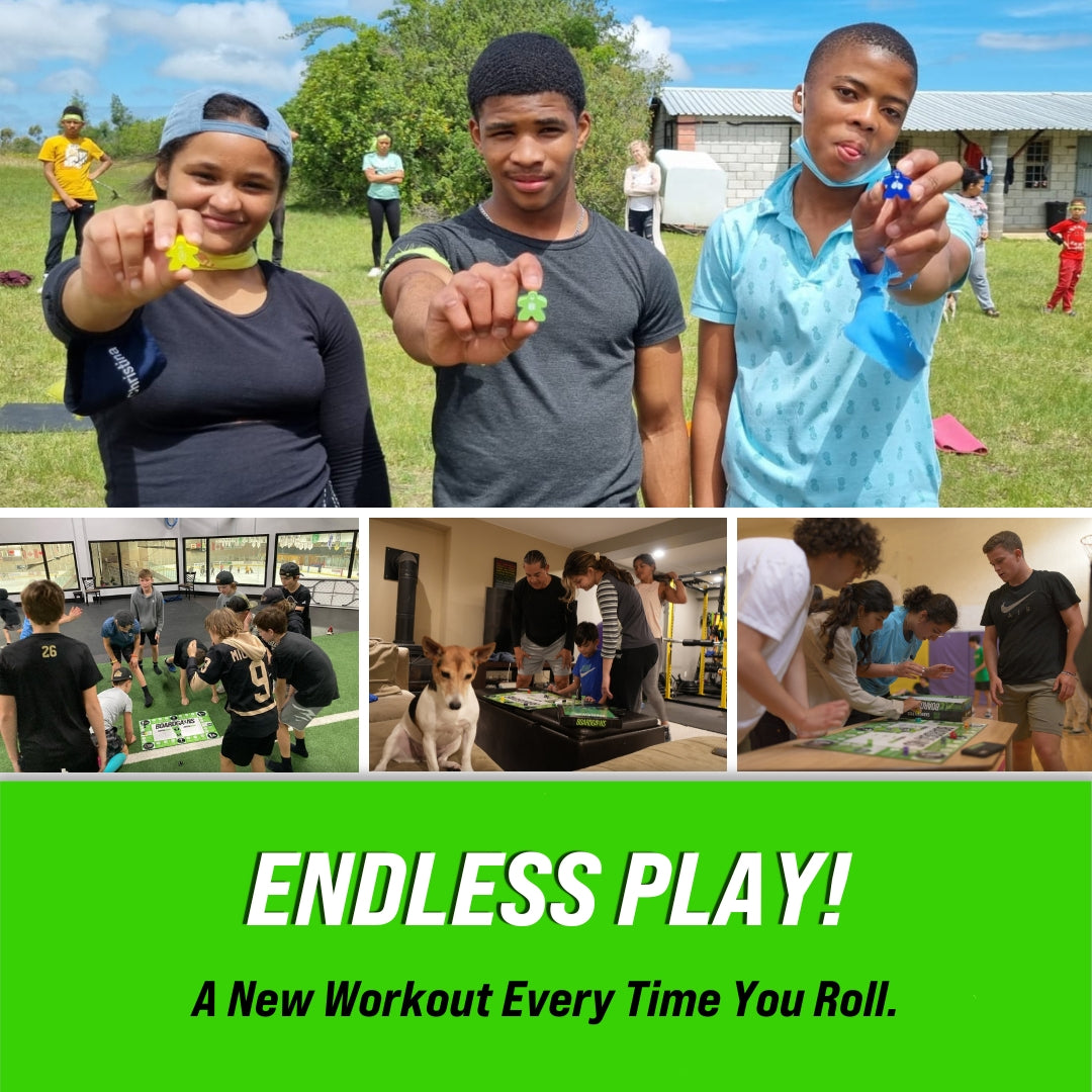 Kids and adults playing the BoardGains fitness game indoors and outdoors, highlighting group fun and replayability.