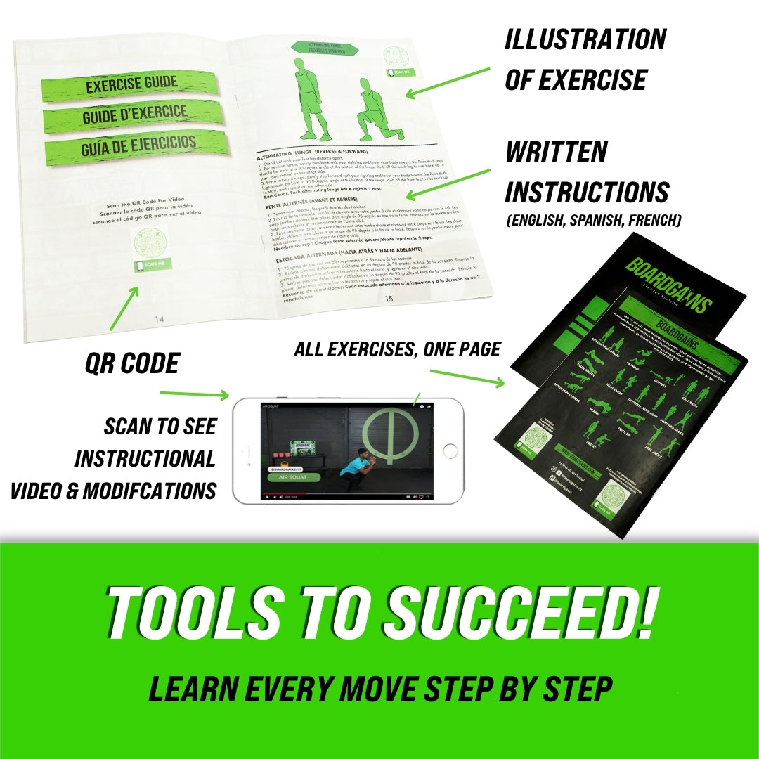 BoardGains exercise guide showing all bodyweight moves with illustrations, multilingual instructions, and video QR code for demonstrations.