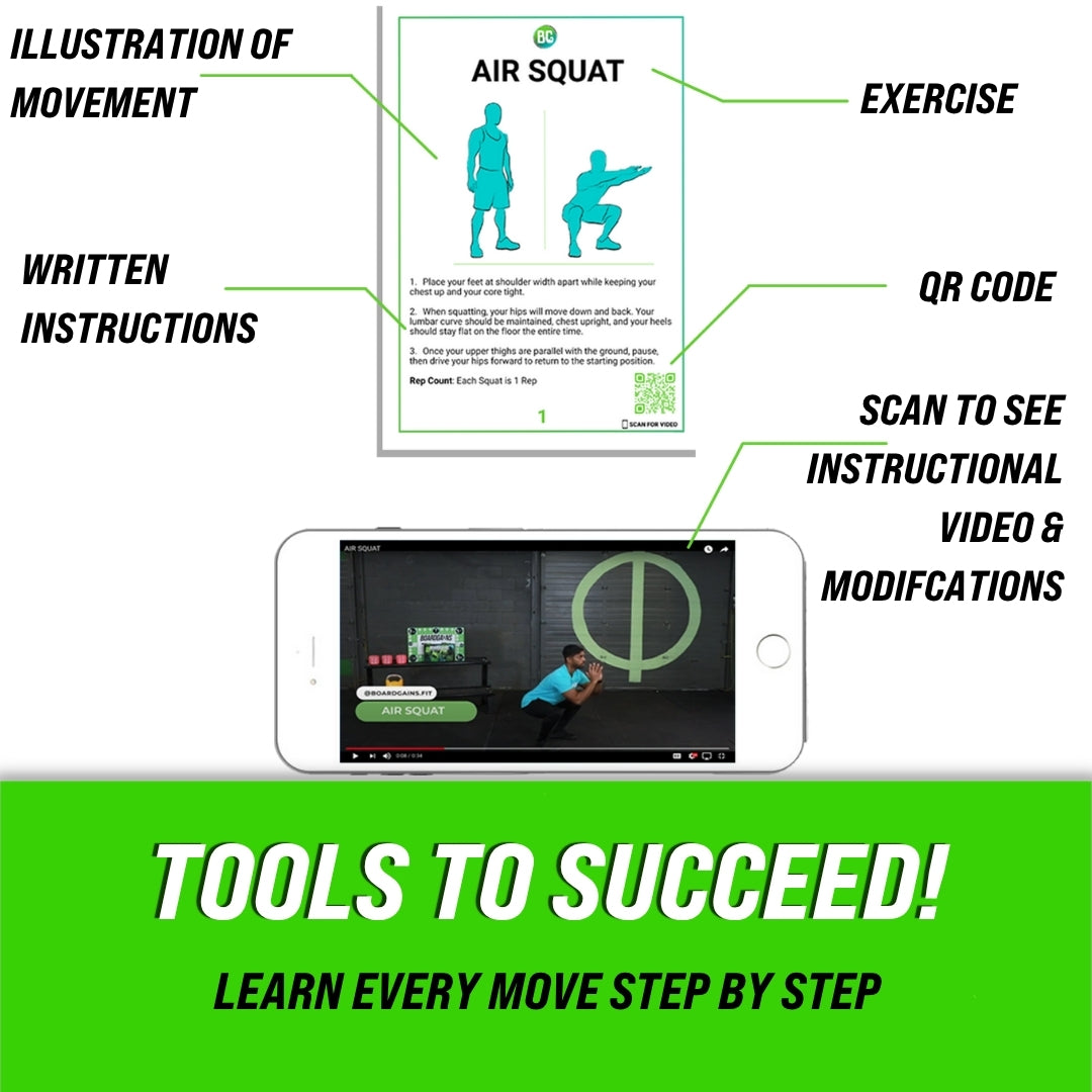 BoardGains exercise card with illustrated instructions and QR code, plus demo video on phone showing how to perform the air squat.