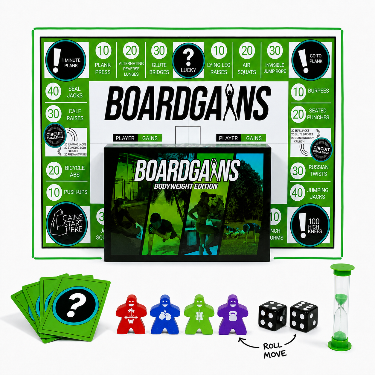 Boardgains Bodyweight Edition board game set displayed on a white background, including the main game board, central game box, green action cards, player tokens, two dice, and an hourglass.