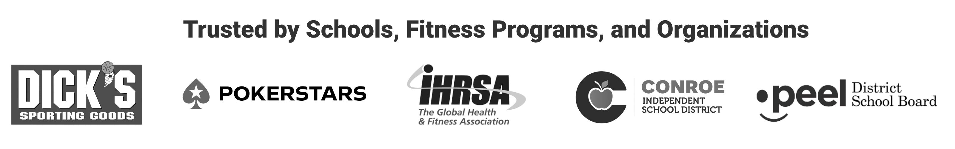 A horizontal banner featuring a list of trusted organizations and logos, including Dick's Sporting Goods, Pokerstars, Inrsa, Conroe Golf Club, and Peel District School Board, on a white background.