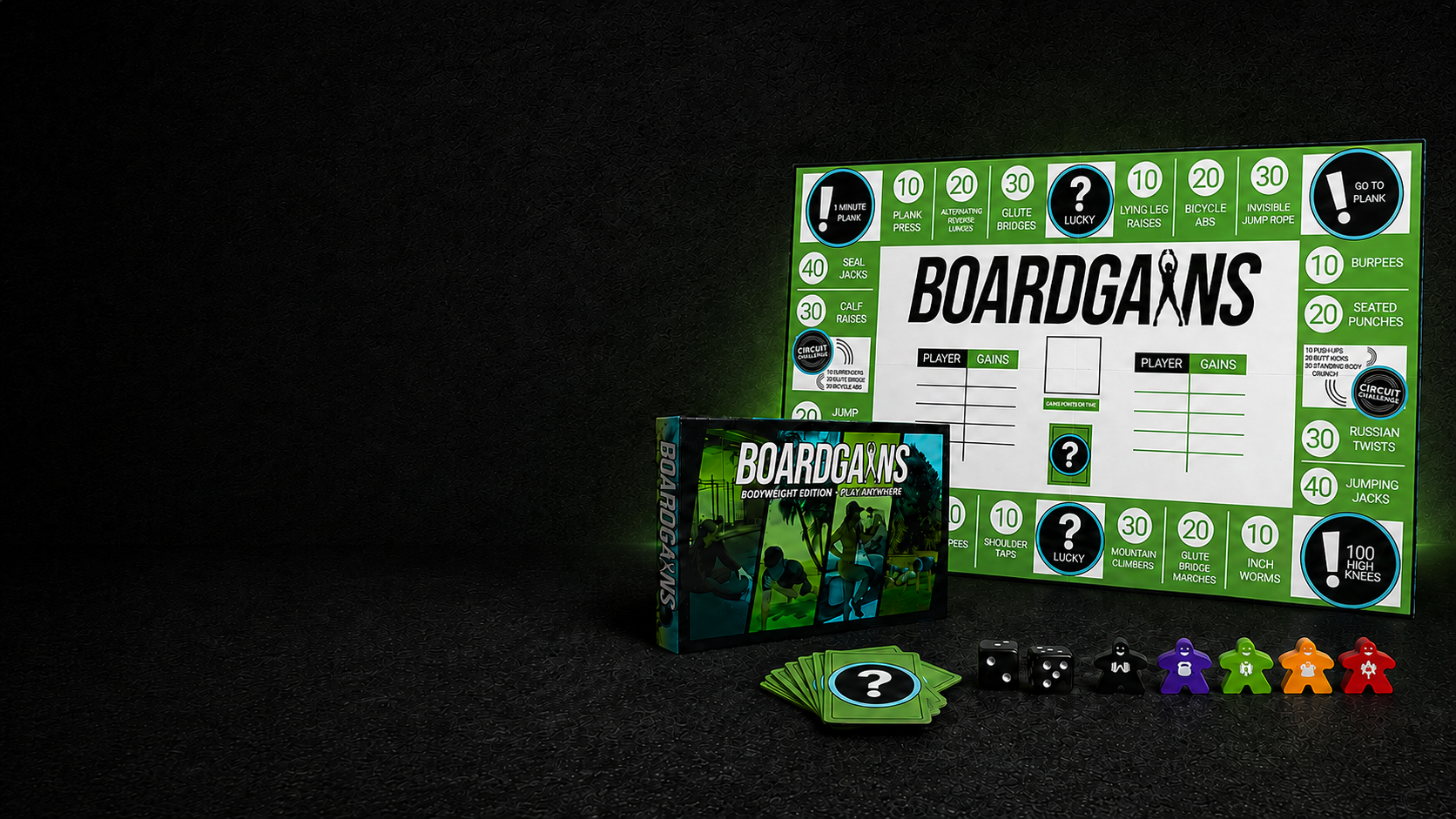 Boardgains brand board game set displayed on a dark surface, including a large green and white game board, a boxed game, cards, and several colored player tokens.