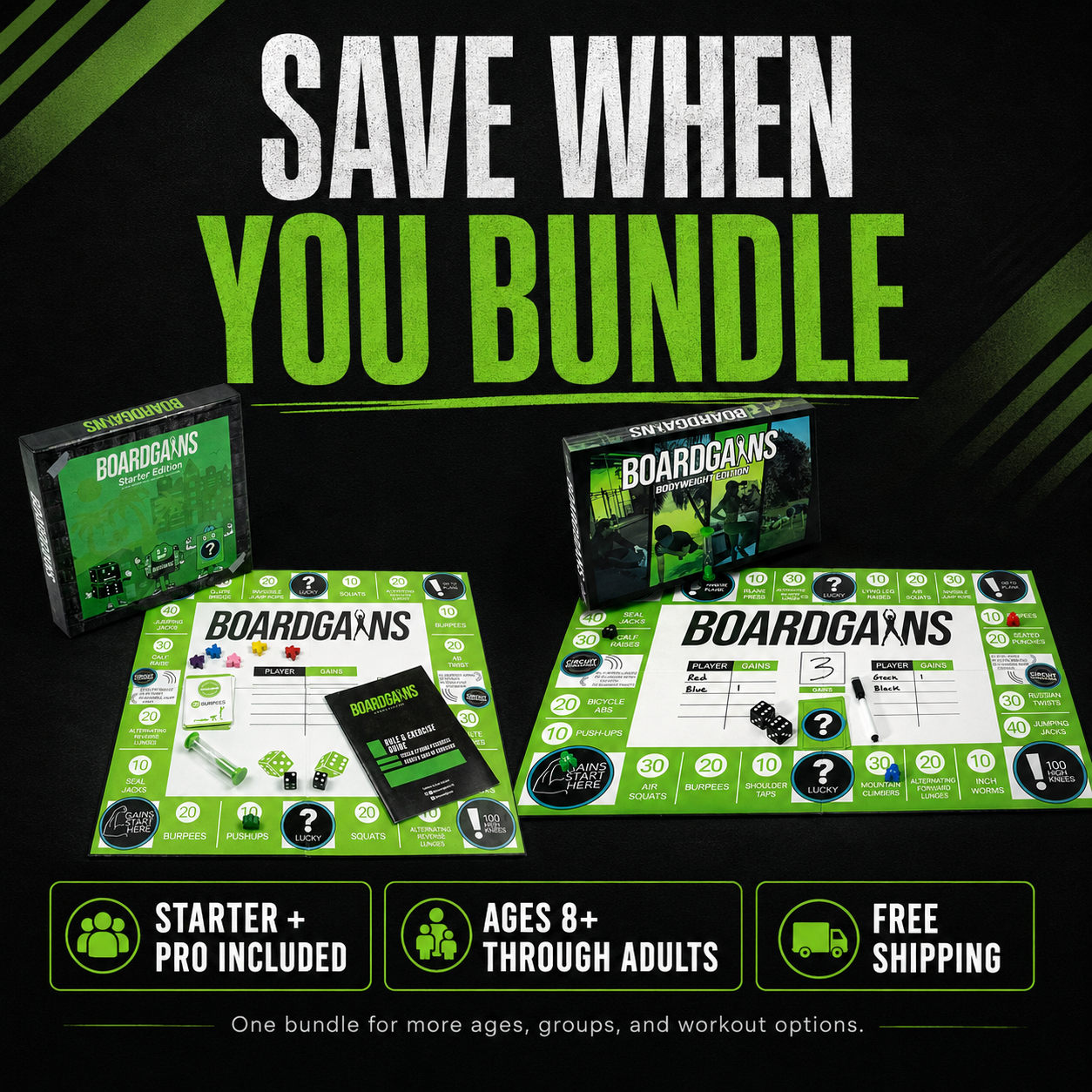 Promotional graphic for a Boardgains bundle showing multiple game components on a black background with large green and white text reading 'SAVE WHEN YOU BUNDLE.' Visible products include boxed game packaging, a game board, cards, and a small booklet.