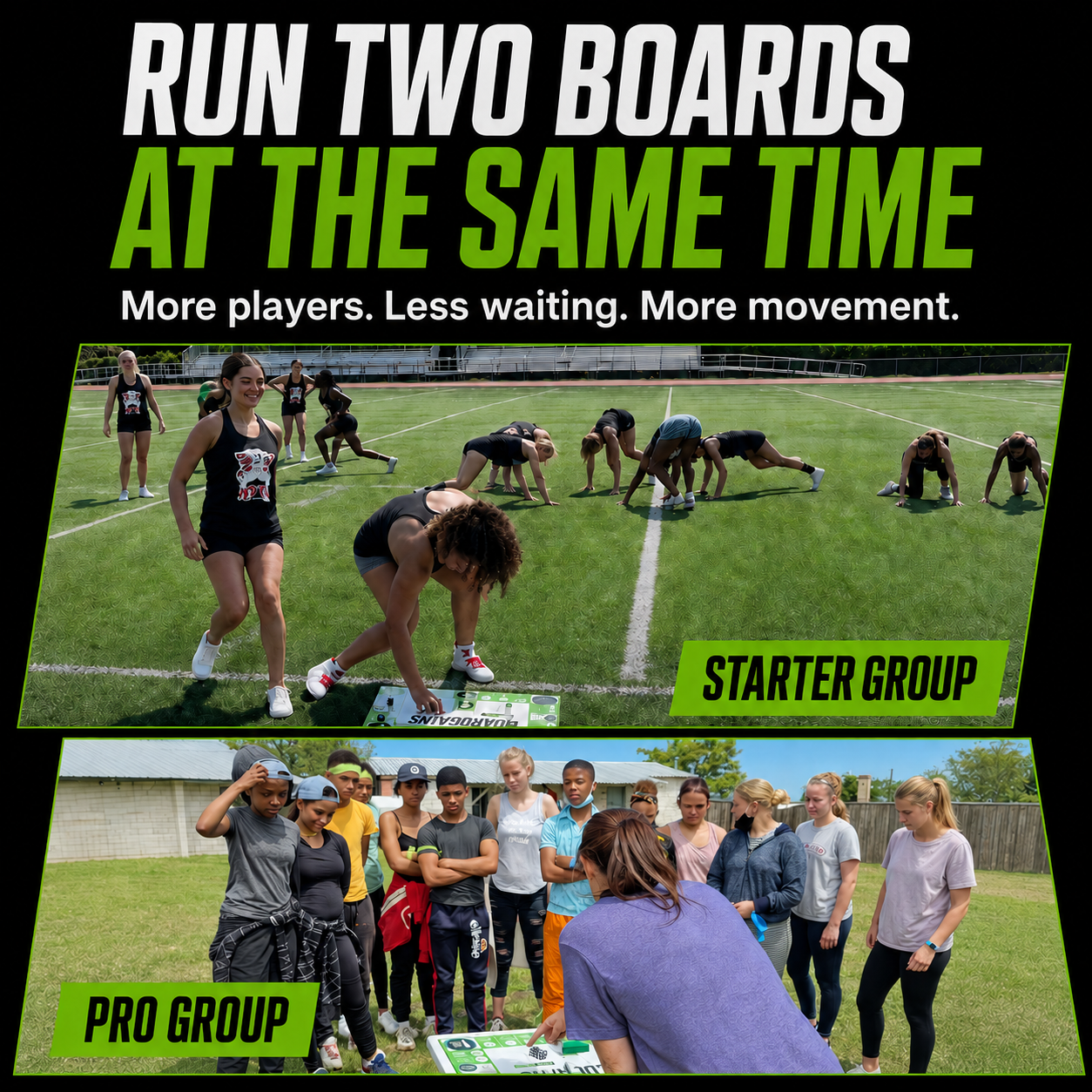 Promotional graphic for a running game or activity, with the headline 'RUN TWO BOARDS AT THE SAME TIME' above two outdoor photos. The top photo shows a group of runners on a grass field, labeled 'STARTER GROUP,' and the bottom photo shows a larger group of participants gathered around a game board, labeled 'PRO GROUP.