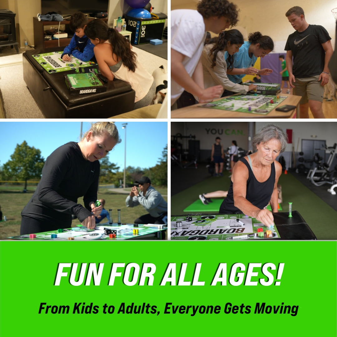 Kids, teens, adults, and seniors playing the BoardGains fitness board game at home, outdoors, and in gyms—highlighting inclusive fun for all ages and fitness levels.