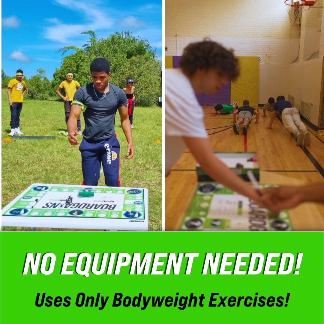 Players using the BoardGains game without equipment, performing bodyweight exercises in both indoor and outdoor settings.