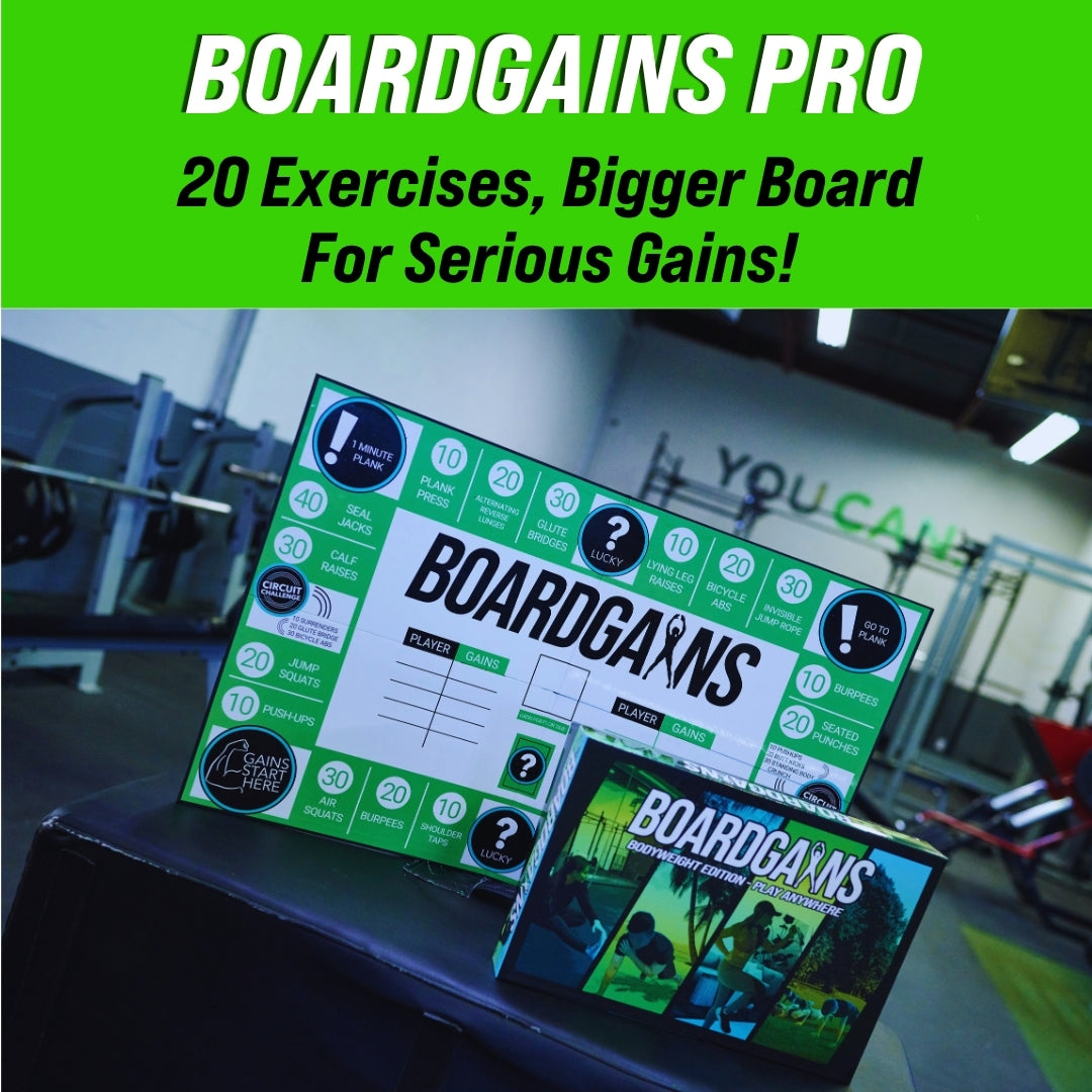 BoardGains Pro Edition displayed in a gym, showcasing the full-sized board with 20 exercise spots.