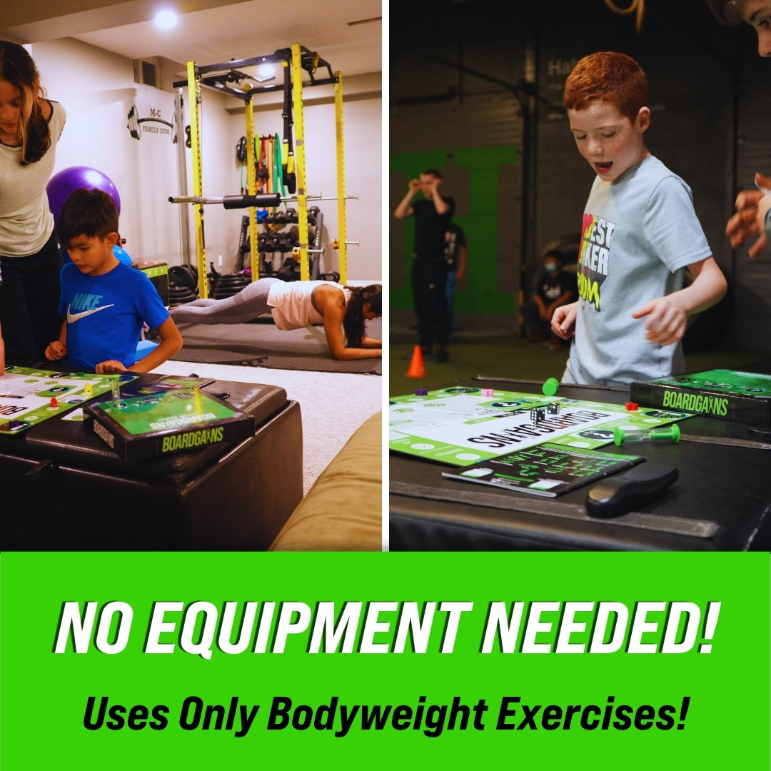 Kids using the BoardGains fitness game at home and in a gym, performing bodyweight workouts without any equipment.