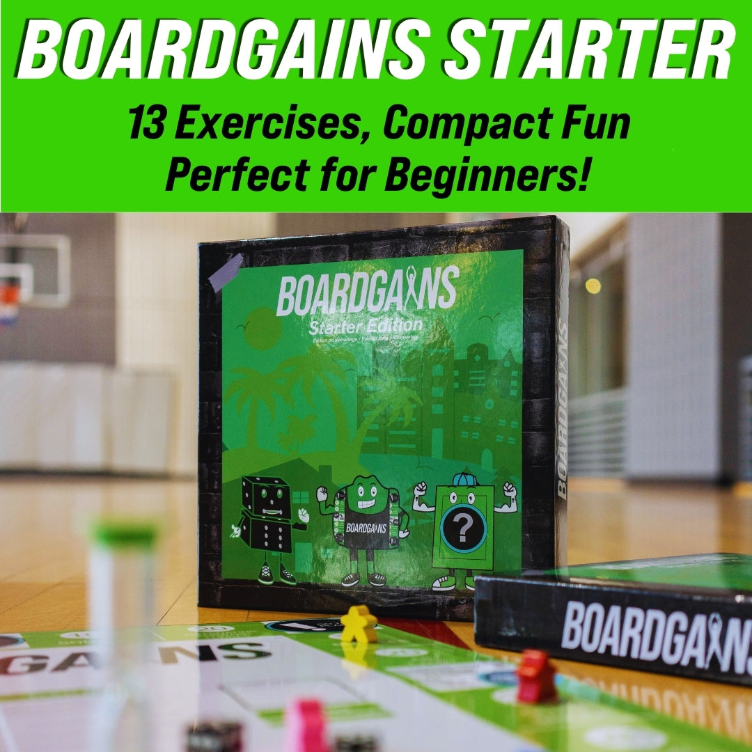 Close-up of BoardGains Starter Edition box and board setup on a gym floor, highlighting fun and beginner-friendly design.