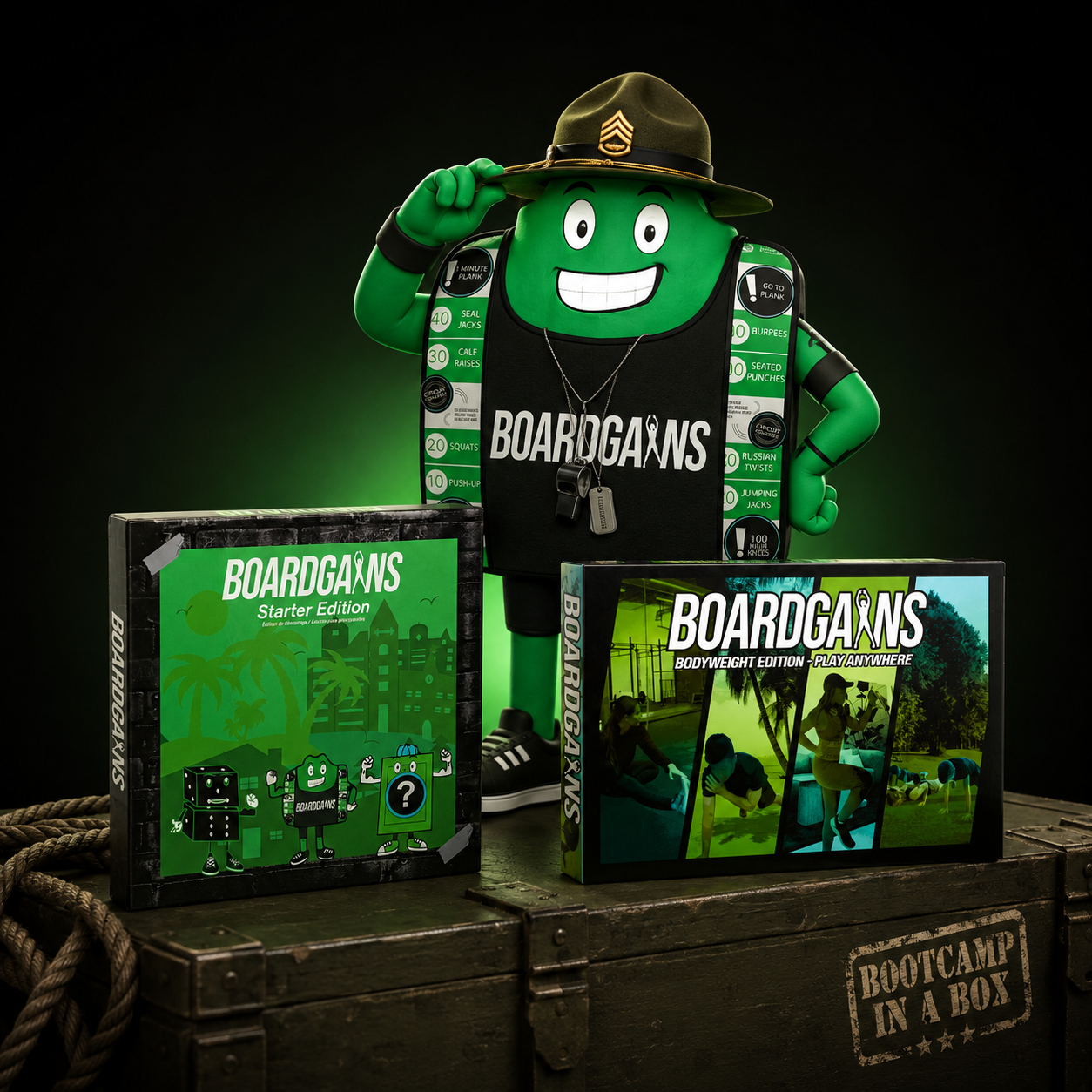 A green cartoon-style board game character stands behind two Boardgans boxes on wooden crates against a black background. The character wears a black vest with the word BOARDGANS across the chest, a green cap, and has a dog tag necklace.