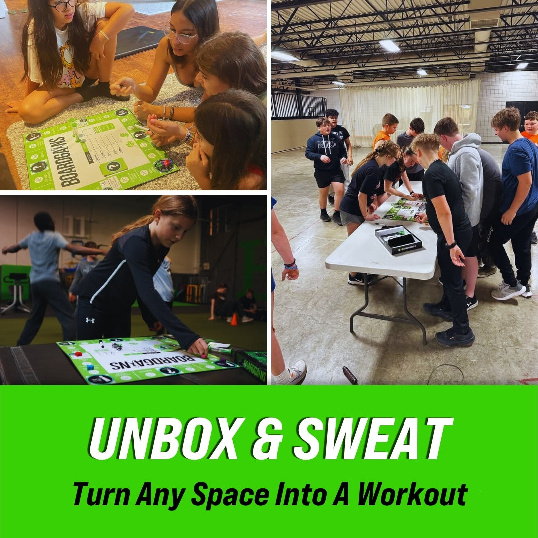Groups of students and kids playing BoardGains in gyms and rec centers, turning any space into a fun fitness game.