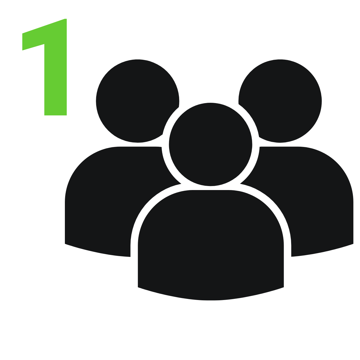 A digital icon depicting three dark gray silhouettes of people, with a bright green number '1' in the top-left corner, set against a solid white background.